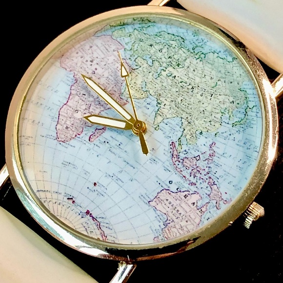 Retro Wanderlust World Map Watch with White Band - Picture 3 of 4